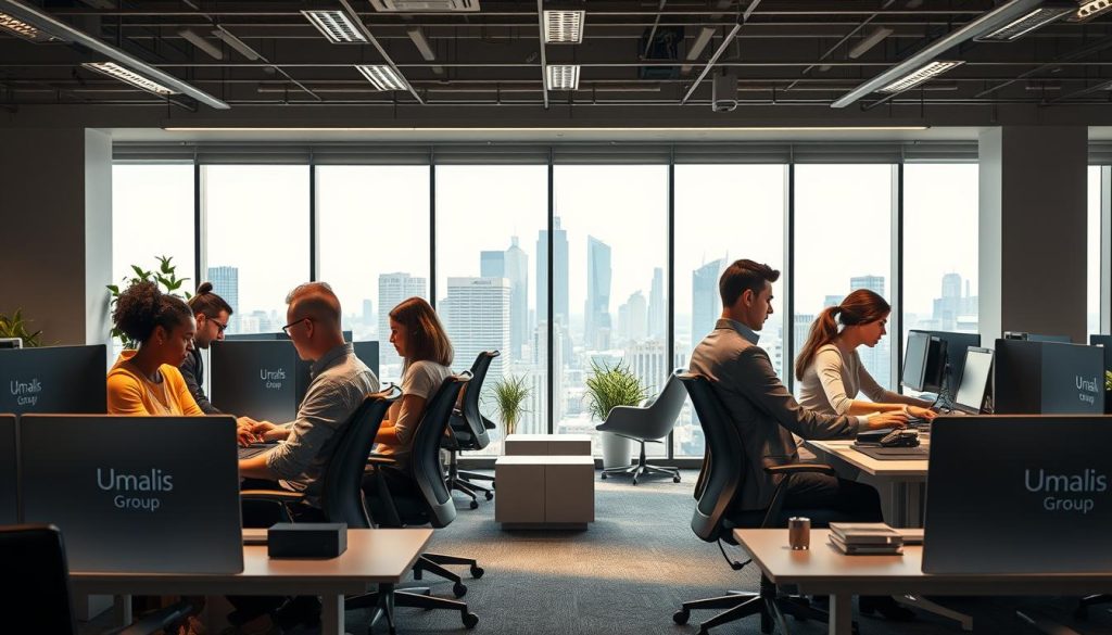 A vibrant office scene showcasing the future of "portage salarial" in France. In the foreground, a diverse group of independent professionals collaborate at modern workstations adorned with the Umalis Group logo. Soft, directional lighting illuminates their focused expressions as they engage with digital interfaces. In the middle ground, sleek ergonomic furniture and minimalist decor create an atmosphere of productivity and innovation. The background features floor-to-ceiling windows overlooking a bustling city skyline, symbolizing the growth and evolution of this flexible employment model. The overall scene conveys a sense of professional empowerment, technological integration, and the bright prospects for the future of "portage salarial" in France.