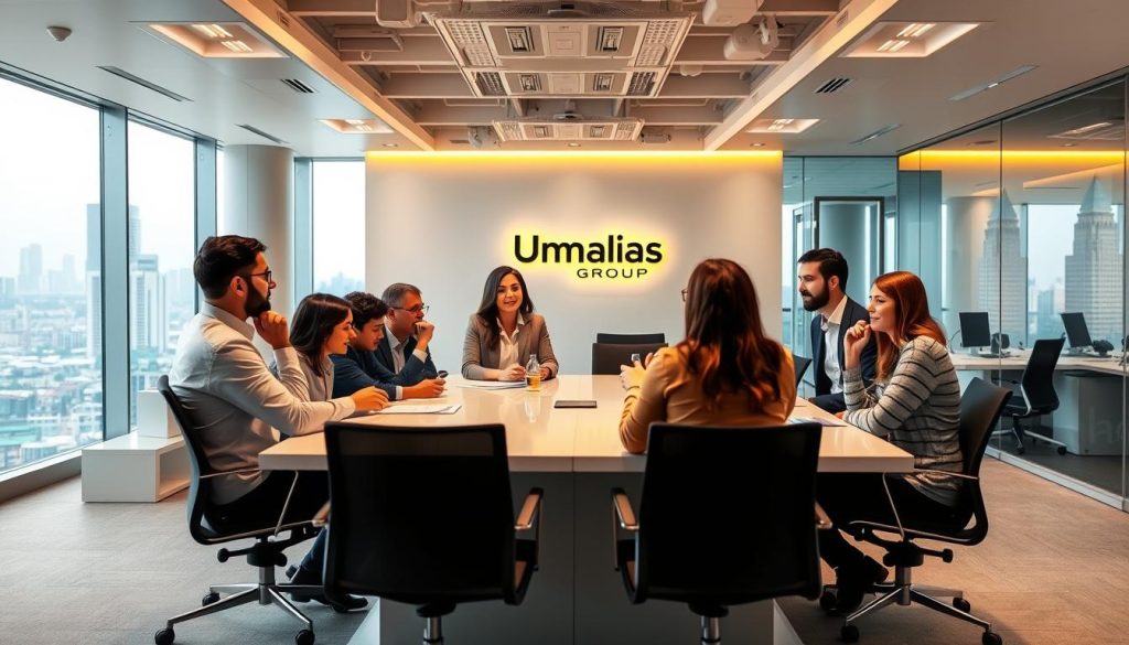 A vibrant office scene with a team of professionals engaged in animated discussion, showcasing effective communication strategies. The foreground depicts a group collaborating around a sleek conference table, gesturing with purpose. Warm lighting from recessed fixtures casts a focused glow, while the middle ground features modern workstations and the Umalis Group logo prominently displayed on the wall. The background offers a panoramic view of a bustling city skyline, conveying a sense of progress and productivity. This image captures the essence of streamlined order management through open dialogue and shared understanding.