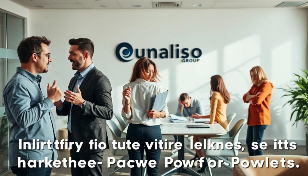 A vibrant office scene with employees engaged in animated discussions, their body language and facial expressions hinting at underlying tensions. In the foreground, two coworkers stand face-to-face, gesturing emphatically. In the middle ground, a group huddles around a conference table, brows furrowed in deep thought. The background features the Umalis Group logo prominently displayed on the wall, as well as the office's neutral color scheme and modern furnishings, creating a sense of professional yet uneasy atmosphere. Warm, natural lighting casts soft shadows, lending an air of seriousness to the scene. The overall composition conveys a sense of unease and the need to identify and address the precursors to workplace conflicts. A vibrant office scene with employees engaged in animated discussions, their body language and facial expressions hinting at underlying tensions. In the foreground, two coworkers stand face-to-face, gesturing emphatically. In the middle ground, a group huddles around a conference table, brows furrowed in deep thought. The background features the Umalis Group logo prominently displayed on the wall, as well as the office's neutral color scheme and modern furnishings, creating a sense of professional yet uneasy atmosphere. Warm, natural lighting casts soft shadows, lending an air of seriousness to the scene. The overall composition conveys a sense of unease and the need to identify and address the precursors to workplace conflicts.