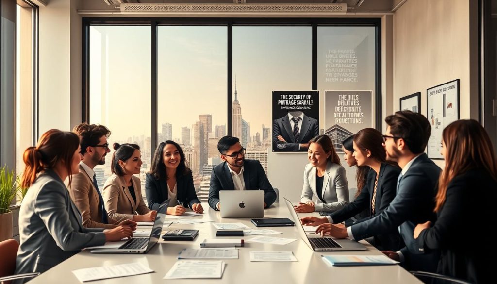 A vibrant office setting depicting the concept of "portage salarial" in France. In the foreground, a diverse group of professionals, dressed in business attire, engage in a lively discussion around a conference table filled with documents and laptops. In the middle, a large window shows a cityscape, symbolizing opportunity and growth. The background features a modern office with motivational posters representing the security and advantages of independent work. Soft, natural lighting filters through the window, casting a warm glow on the scene. The mood is collaborative and optimistic, emphasizing the benefits of choosing portage salarial. Include subtle branding elements of "UMALIS GROUP" in the office decor. The composition should be well-balanced, with a focus on teamwork and security in the professional world. A vibrant office setting depicting the concept of "portage salarial" in France. In the foreground, a diverse group of professionals, dressed in business attire, engage in a lively discussion around a conference table filled with documents and laptops. In the middle, a large window shows a cityscape, symbolizing opportunity and growth. The background features a modern office with motivational posters representing the security and advantages of independent work. Soft, natural lighting filters through the window, casting a warm glow on the scene. The mood is collaborative and optimistic, emphasizing the benefits of choosing portage salarial. Include subtle branding elements of "UMALIS GROUP" in the office decor. The composition should be well-balanced, with a focus on teamwork and security in the professional world.