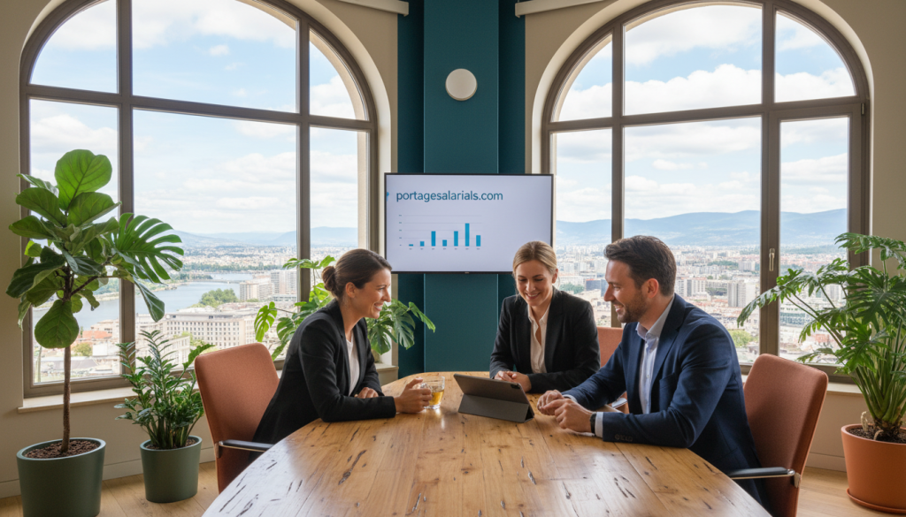 A vibrant office setting illustrating the concept of "portage salarial et qualité de vie au travail." In the foreground, a diverse group of three professionals in smart business attire engaged in a collaborative discussion at a modern conference table, showcasing their satisfaction and teamwork. In the middle background, large windows allow natural light to flood the space, revealing a beautiful cityscape outside. Lush indoor plants enhance the atmosphere, promoting well-being. The color palette combines warm tones with inviting blues and greens, evoking a sense of productivity and positivity. The camera angle captures the scene slightly from above, emphasizing the harmony and interaction among the team members. The overall mood is one of professionalism, collaboration, and the tangible benefits of work-life balance. Include the website "portagesalarials.com" subtly integrated into the image, not as a text overlay.