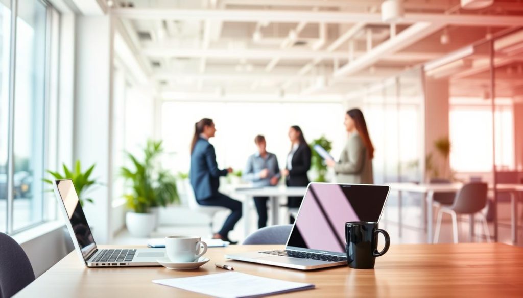 A vibrant office setting showcasing the benefits of Umalis Group's salaried portage. In the foreground, a desk with a laptop, coffee mug, and documents, symbolizing the flexibility and independence of this employment model. The middle ground features a group of professionals collaborating, conveying the sense of community and professional support. The background depicts an airy, modern workspace with ample natural lighting, suggesting the improved work-life balance afforded by salaried portage. The scene exudes a mood of productivity, collaboration, and contentment, highlighting the key advantages of this employment solution provided by Umalis Group.