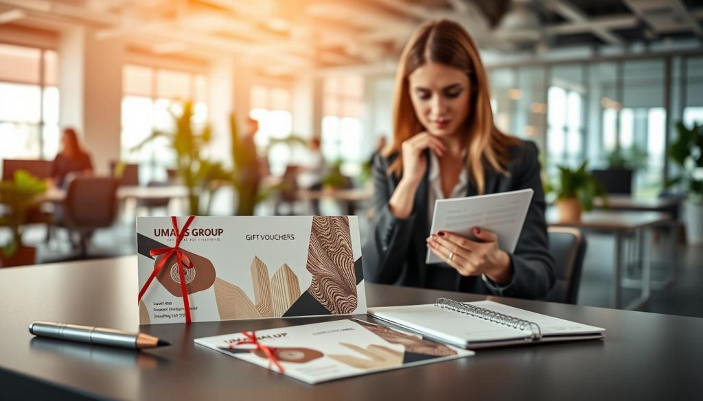 A vibrant office setting where "UMALIS GROUP" gift vouchers are prominently displayed on a modern, sleek desk. In the foreground, a close-up view of beautifully designed gift vouchers featuring elegant graphics and a logo, surrounded by business accessories like a stylish pen and a planner. The middle ground reveals a professional businesswoman in smart casual attire, examining the vouchers with a thoughtful expression, symbolizing the value of corporate gift programs. In the background, a softly lit open office space with green plants and collaborative work areas, creating an atmosphere of growth and stability. The overall mood is uplifting and inviting, highlighted by warm, natural lighting that enhances the professional yet friendly environment.