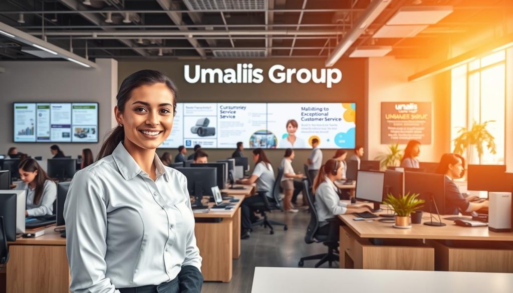 A vibrant office setting with various customer service job opportunities displayed on the walls and desks. The foreground features a professional receptionist in a modern uniform, smiling and greeting a potential applicant. The middle ground showcases a diverse array of employees engaged in different customer-facing roles, such as call center agents, help desk specialists, and sales associates. The background depicts the Umalis Group logo prominently displayed, alongside informative posters and digital screens highlighting the company's commitment to exceptional customer service. The scene is bathed in warm, natural lighting, conveying a welcoming and professional atmosphere.