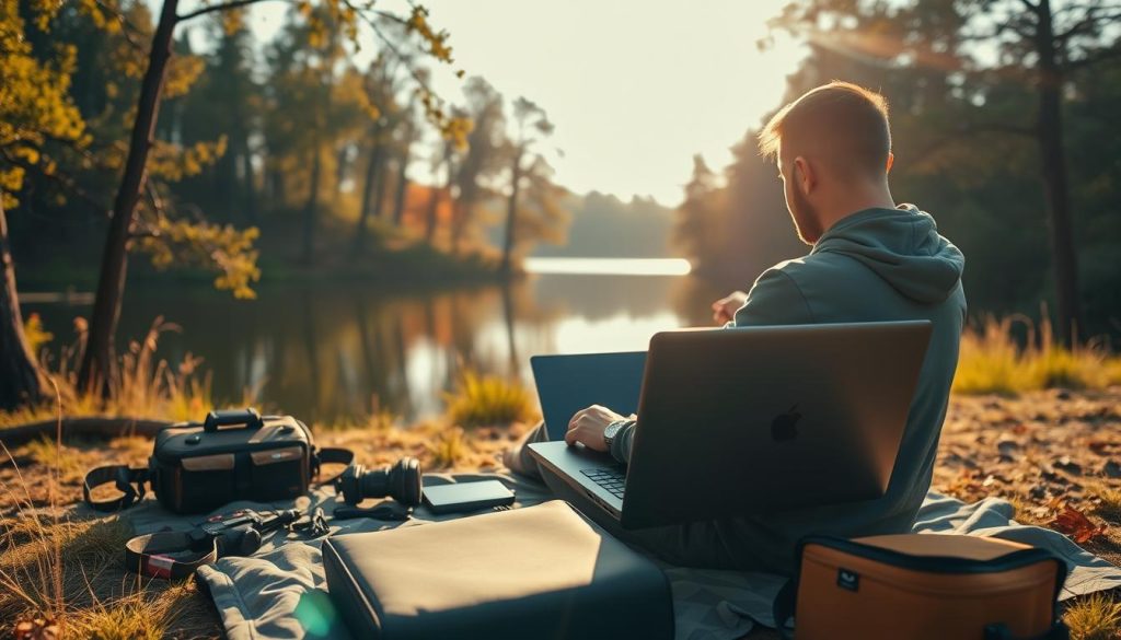 A vibrant outdoor scene with a person working remotely on a laptop, surrounded by the tools and gear of the "LIGHT PORTAGE" brand. The individual sits comfortably in a natural setting, a serene lake in the background reflecting the sky. Warm, golden sunlight filters through the trees, casting a tranquil glow. The mood conveys a sense of freedom, flexibility, and work-life balance inherent in gig work. The composition emphasizes the harmony between nature, technology, and the individual's autonomy.