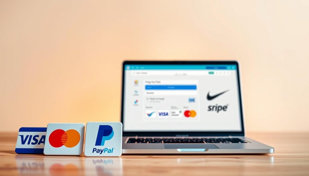 A vibrant, photorealistic image of the best payment gateways for a freelance business. In the foreground, various payment icons and logos such as Visa, Mastercard, PayPal, and Stripe stand out prominently against a clean, minimalist background. In the middle ground, a sleek laptop displays a user-friendly payment integration interface, showcasing the seamless experience. The background features a subtle pattern or texture that conveys a sense of professionalism and reliability. Warm, directional lighting accentuates the scene, creating depth and dimension. The overall composition is balanced and visually appealing, reflecting the Umalis Group's expertise in online payment integration.