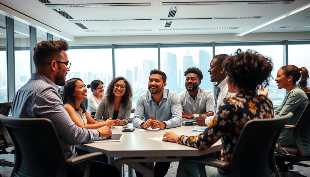 A vibrant, professional development training session with the Umalis Group. In the foreground, a diverse group of adults engaged in active discussion, their expressions animated as they explore new skills and opportunities. The middle ground features a sleek, modern classroom setting with ergonomic desks and chairs, large windows letting in natural light. In the background, a cityscape skyline hints at the wider business and economic context. The overall mood is one of focused productivity, collaborative learning, and a sense of growth and opportunity.