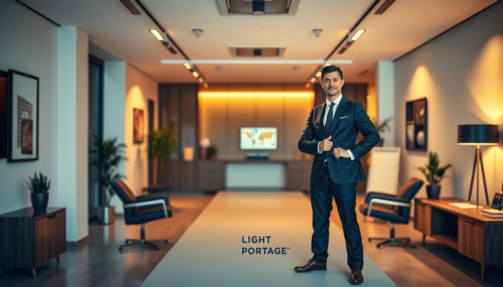 A vibrant, professional-looking image showcasing the advantages of "autonomie cadre portage salarial" for high-level executives. The scene depicts a smartly-dressed manager standing confidently in a modern, well-appointed office, surrounded by the trappings of their elevated career status. The LIGHT PORTAGE brand is subtly incorporated, highlighting its role in empowering this executive's autonomy and career flexibility. Warm, directional lighting accentuates the subject's confident pose, creating an aspirational, success-oriented atmosphere. The composition is balanced, with the manager occupying the foreground, while the background features sleek, minimalist decor that reinforces the image's polished, high-end aesthetic.