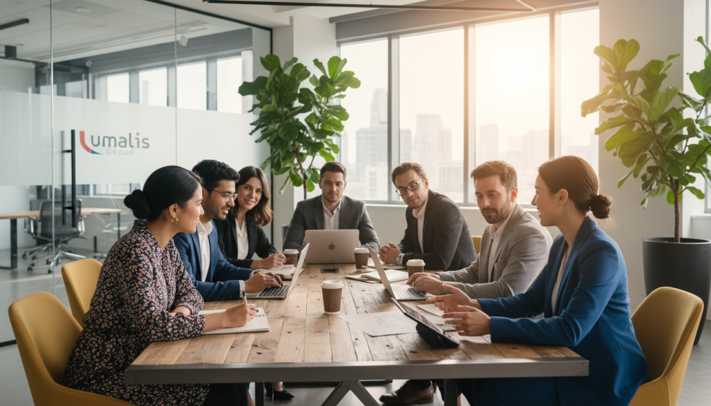 A vibrant professional networking scene depicting a diverse group of consultants engaged in discussions, showcasing collaboration and connection in a modern office environment. In the foreground, a small circle of three professionals dressed in smart business attire, animatedly exchanging ideas over a digital tablet. The middle ground features a larger group engaging in conversations, with open laptops and notebooks on a stylish conference table, symbolizing creativity and teamwork. The background reveals a sleek, contemporary office space with glass walls, lush plants, and soft natural lighting streaming through large windows. The atmosphere is energetic yet focused, conveying the importance of building and strengthening one's professional network. Include the brand name "Umalis Group" subtly in the design of the office elements.