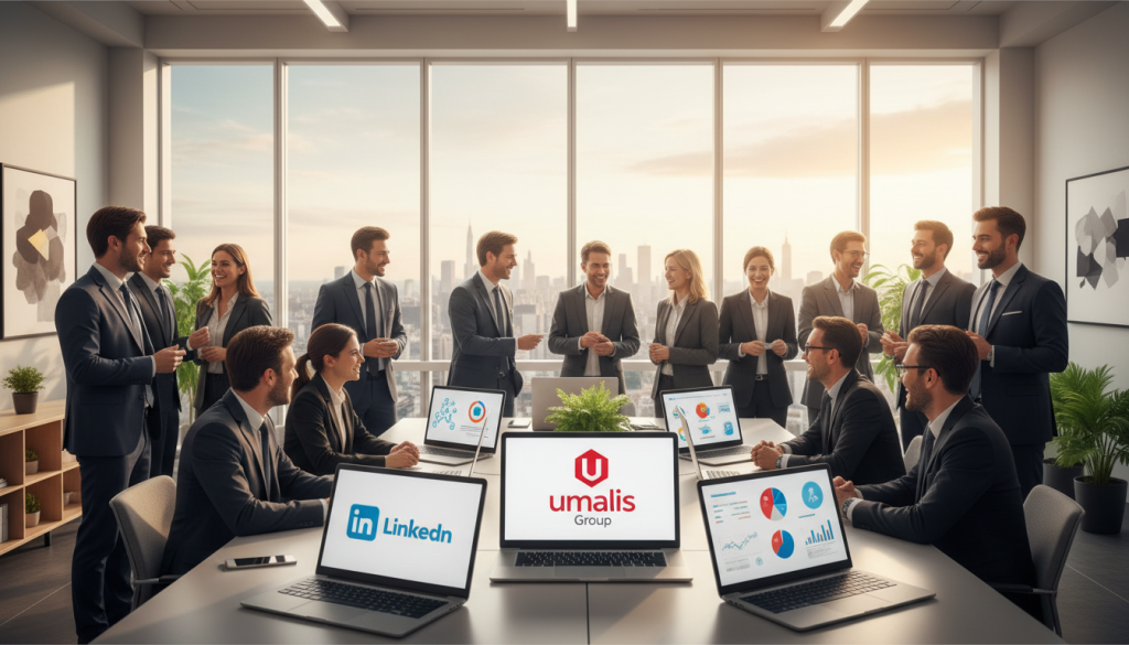 A vibrant, professional networking scene showcasing multiple digital platforms designed for consultants. In the foreground, a group of diverse professionals in business attire, engaged in discussions and networking. The middle layer features laptops and tablets displaying various icons representing digital platforms and networks, such as LinkedIn, Umalis Group, and graphic elements symbolizing collaboration. The background is a modern office setting with large windows allowing natural light to flood in, enhancing the sense of clarity and productivity. The atmosphere is dynamic and inviting, encouraging interaction and growth. The angle is slightly elevated, providing a broad view of the workspace, emphasizing the importance of professional connections in consulting.