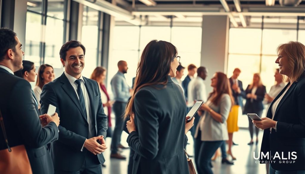 A vibrant professional networking scene showcasing the advantages of word-of-mouth marketing. In the foreground, two business professionals in smart business attire are engaged in an animated discussion, exchanging ideas and smiling, symbolizing collaboration. The middle ground features a diverse group of people interacting, with some holding business cards and others sharing testimonials, reflecting the power of referrals. In the background, a modern office setting with large windows allows natural light to flood in, creating a warm and inviting atmosphere. The overall mood is dynamic and optimistic, emphasizing the excitement of growing a client network through personal connections. Incorporate subtle branding elements of "UMALIS GROUP" in the office design to reinforce the theme of collaboration and growth. Use a wide-angle lens to capture the entire scene with clarity and depth. A vibrant professional networking scene showcasing the advantages of word-of-mouth marketing. In the foreground, two business professionals in smart business attire are engaged in an animated discussion, exchanging ideas and smiling, symbolizing collaboration. The middle ground features a diverse group of people interacting, with some holding business cards and others sharing testimonials, reflecting the power of referrals. In the background, a modern office setting with large windows allows natural light to flood in, creating a warm and inviting atmosphere. The overall mood is dynamic and optimistic, emphasizing the excitement of growing a client network through personal connections. Incorporate subtle branding elements of "UMALIS GROUP" in the office design to reinforce the theme of collaboration and growth. Use a wide-angle lens to capture the entire scene with clarity and depth.