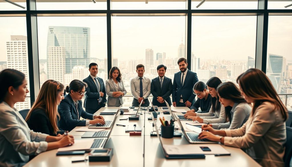 A vibrant, professional office environment showcasing the Umalis Group's portage salarial services. In the foreground, a group of independent professionals collaborating at a modern, well-equipped workstation, their laptops and documents spread out, reflecting the flexibility and security of the portage salarial model. The middle ground features a diverse team of Umalis Group employees, dressed in business attire, guiding and supporting the independent workers. In the background, floor-to-ceiling windows offer a panoramic view of a bustling city skyline, symbolizing the broader ecosystem in which the Umalis Group's portage salarial solutions operate. The lighting is warm and inviting, creating a professional yet dynamic atmosphere. Overall, the image conveys the Umalis Group's commitment to empowering independent professionals through its comprehensive portage salarial offerings.