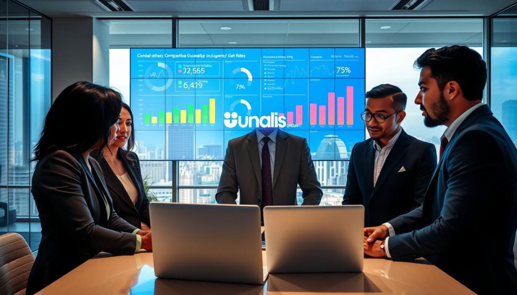 A vibrant, professional office environment showcasing the concept of "optimising occupancy rates." In the foreground, a diverse group of business professionals in business attire, including a Black woman and a Hispanic man, engaged in a collaborative discussion around a laptop displaying data analytics. The middle ground features a large digital screen with colorful graphs and statistics indicating occupancy rates and revenue growth. The background shows a modern office setting with panoramic windows overlooking a cityscape, filled with natural light. The atmosphere is one of focus and innovation, highlighting the strategic planning aspect of consulting. The logo "Umalis Group" subtly embedded in the digital screen design. Use bright, professional lighting for a motivating feel.