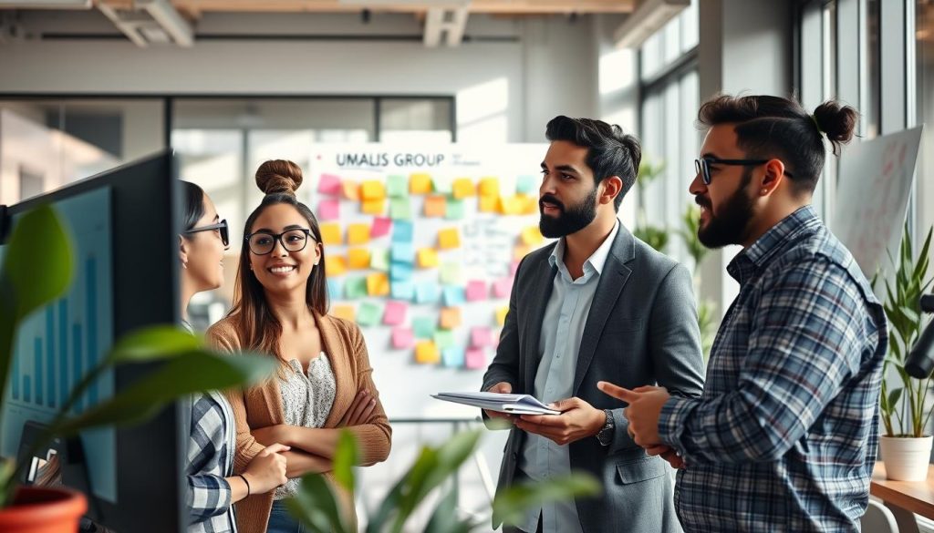 A vibrant, professional workspace depicting opportunities for freelancers. In the foreground, a diverse group of four freelancers—two women and two men—are engaged in discussions, showcasing a mix of backgrounds. One woman, with glasses and a laptop, points at a screen filled with graphs; a man beside her, dressed in smart casual attire, takes notes. In the middle ground, a large whiteboard displays colorful post-it notes and ideas about project management and collaboration. The background features a modern office with natural light streaming through large windows, plants adding a touch of greenery. The atmosphere is collaborative and energetic, reflecting creativity and innovation. The image subtly includes the logo of "UMALIS GROUP" on a visible poster. The scene is professionally lit, capturing the essence of freelancing opportunities in a contemporary workspace.