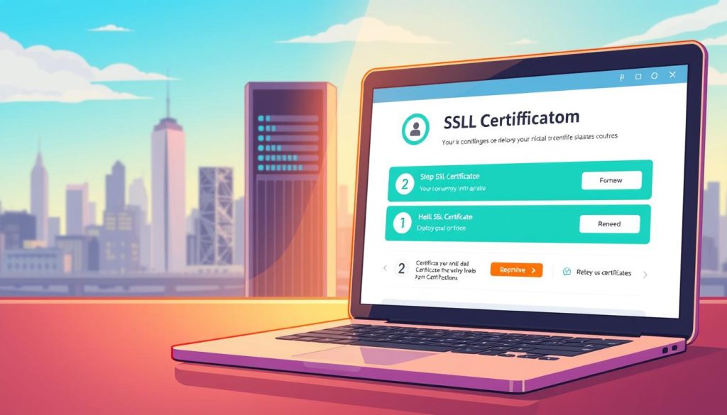 A vibrant, professionally-lit scene depicting the SSL certificate renewal process. In the foreground, a stylized laptop screen shows the step-by-step renewal workflow, with clean interfaces and intuitive controls. In the middle ground, a server rack stands tall, housing the secure infrastructure that will deploy the renewed certificate. The background features a cityscape skyline, hinting at the global reach of the Umalis Group's secure web solutions. Warm lighting and reflective surfaces convey a sense of professionalism and technological sophistication.