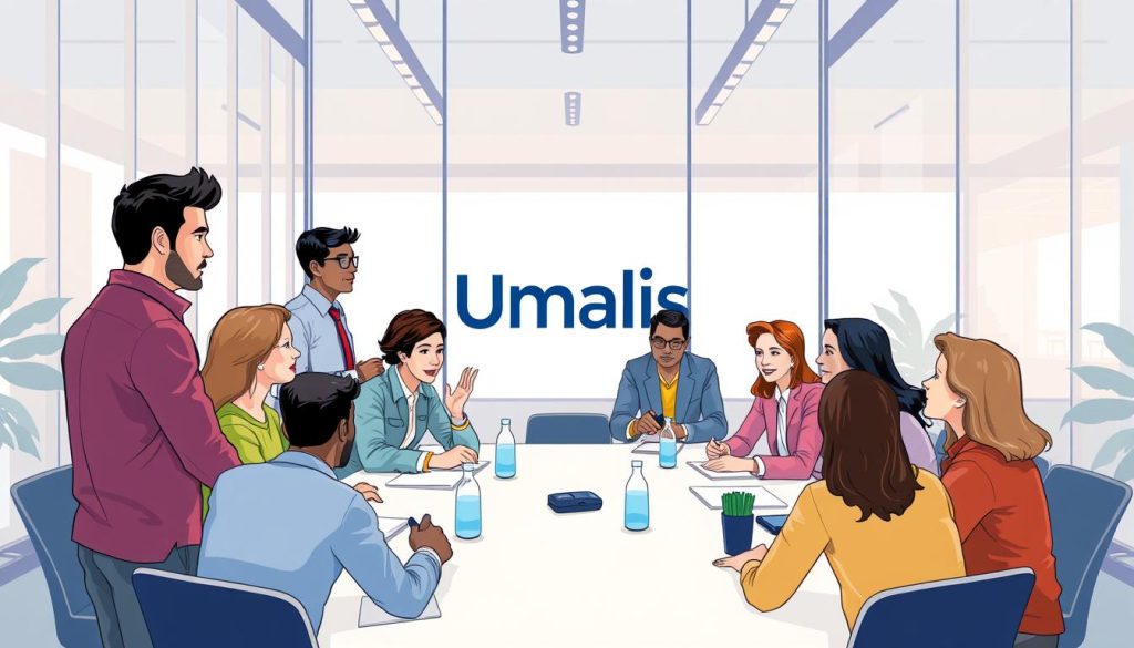 A vibrant, realistic illustration of stakeholder engagement at the Umalis Group. In the foreground, a diverse group of people, representing different stakeholders, gather around a conference table, engaged in a lively discussion. Their body language and facial expressions convey collaboration, collaboration, and shared purpose. The middle ground features a large, modern office space with floor-to-ceiling windows, allowing natural light to flood the scene. In the background, the Umalis Group logo is prominently displayed, reinforcing the corporate setting. The overall atmosphere is one of professionalism, productivity, and a sense of shared investment in the project's success.