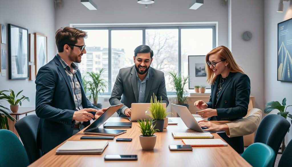 A vibrant scene depicting a diverse group of professional freelancers engaged in a collaborative meeting. In the foreground, three individuals—a graphic designer in casual smart attire, a web developer in a sleek blazer, and a content writer with a laptop—are animatedly discussing ideas over a modern table scattered with digital devices and notebooks. The middle section features a large window allowing soft, natural light to flood the space, highlighting a few plants for a touch of greenery. In the background, artwork on the walls represents creativity and innovation. The overall atmosphere is one of collaboration, creativity, and connection, symbolizing the advantages of being part of a specialized freelance network. Include the logo of "UMALIS GROUP" subtly in the environment, enhancing professionalism.