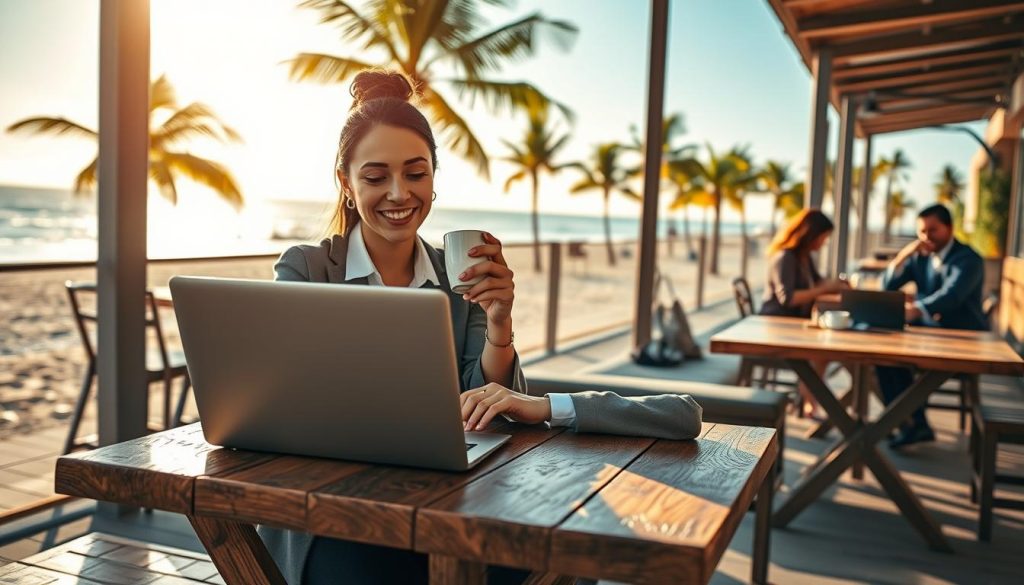 A vibrant scene depicting digital nomadism and professional transition in a modern outdoor workspace. In the foreground, a cheerful female digital nomad, dressed in smart casual attire, is seated at a stylish laptop on a rustic wooden table. She is researching while sipping coffee, with a serene smile. In the middle background, an open vista reveals a beautiful beach and palm trees, symbolizing freedom and flexibility. The bright sun casts warm, golden light, enhancing the lively atmosphere. A few other professionals, also in smart casual clothing, collaborate at nearby tables, showcasing a dynamic community. The angle is slightly elevated, capturing both the lively work environment and the captivating scenery. The mood is optimistic, vibrant, and inspiring, encapsulating the essence of modern remote work culture. A vibrant scene depicting digital nomadism and professional transition in a modern outdoor workspace. In the foreground, a cheerful female digital nomad, dressed in smart casual attire, is seated at a stylish laptop on a rustic wooden table. She is researching while sipping coffee, with a serene smile. In the middle background, an open vista reveals a beautiful beach and palm trees, symbolizing freedom and flexibility. The bright sun casts warm, golden light, enhancing the lively atmosphere. A few other professionals, also in smart casual clothing, collaborate at nearby tables, showcasing a dynamic community. The angle is slightly elevated, capturing both the lively work environment and the captivating scenery. The mood is optimistic, vibrant, and inspiring, encapsulating the essence of modern remote work culture.