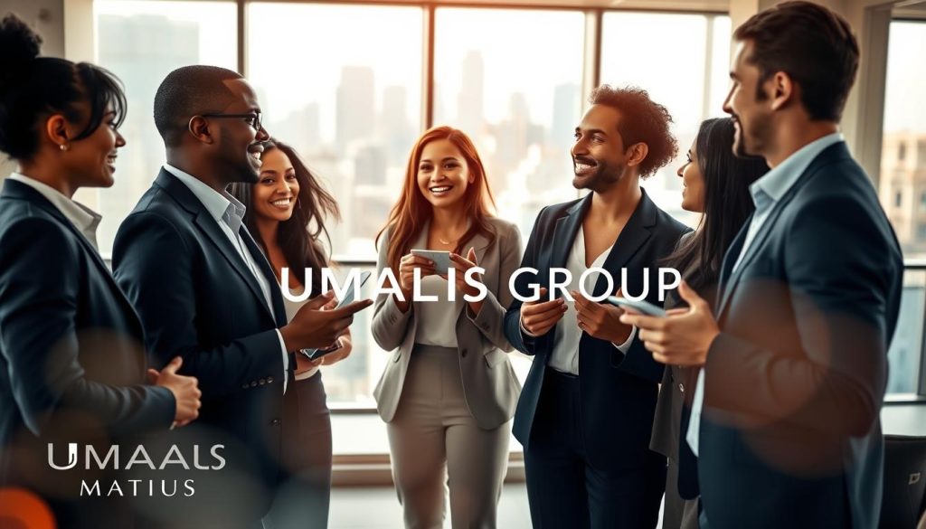 A vibrant scene depicting effective professional networking. In the foreground, a diverse group of five business professionals, dressed in smart business attire, engage in animated discussions, exchanging business cards and ideas. In the middle, a stylish, modern office setting features simple yet elegant decor, with large windows allowing natural light to flood the space, illuminating the faces of the participants with warmth. The background showcases a bustling city skyline, symbolizing opportunity and growth. The atmosphere is energetic and inspiring, conveying a sense of collaboration and ambition. Use a soft focus lens with a subtle bokeh effect in the background to enhance the foreground subjects. The brand name "UMALIS GROUP" subtly integrated into the scene, ensuring a professional yet approachable vibe. A vibrant scene depicting effective professional networking. In the foreground, a diverse group of five business professionals, dressed in smart business attire, engage in animated discussions, exchanging business cards and ideas. In the middle, a stylish, modern office setting features simple yet elegant decor, with large windows allowing natural light to flood the space, illuminating the faces of the participants with warmth. The background showcases a bustling city skyline, symbolizing opportunity and growth. The atmosphere is energetic and inspiring, conveying a sense of collaboration and ambition. Use a soft focus lens with a subtle bokeh effect in the background to enhance the foreground subjects. The brand name "UMALIS GROUP" subtly integrated into the scene, ensuring a professional yet approachable vibe.