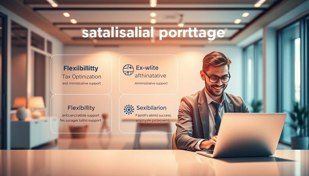 A vibrant scene depicting the key advantages of the Umalis Group's salarial portage services. In the foreground, a professional working on a laptop, dressed in formal attire, exuding a sense of confidence and financial security. In the middle ground, visual cues highlighting the flexibility, tax optimization, and administrative support offered by the Umalis Group's salarial portage model. The background features a sleek, modern office environment with minimalist decor, bathed in warm, ambient lighting that creates a sense of professionalism and success. The overall composition conveys the empowerment, efficiency, and peace of mind that the Umalis Group's salarial portage solutions provide to its clients.