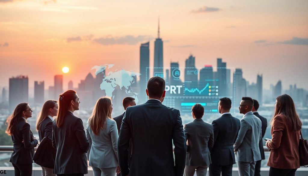 A vibrant scene depicting the transformation of freelancing through artificial intelligence. In the foreground, a diverse group of professionals dressed in smart business attire, engaged in animated discussions around a digital interface showcasing AI tools and data visualizations. The middle ground features a futuristic city skyline with advanced technology, symbolizing innovation and progress. The background includes soft, warm lighting at sunset, creating an optimistic atmosphere. Subtle hints of the logo "PORTAGE AI" represented in digital form, seamlessly integrated into the environment. Use a slightly elevated angle for a dynamic perspective, capturing the essence of collaboration and the impact of AI on modern freelancing.
