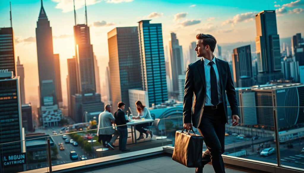A vibrant scene of a "portage salarial" for the digital professions. In the foreground, a businessperson in a sharp suit confidently strides, briefcase in hand, amid a bustling urban landscape of towering skyscrapers and sleek modern architecture. The midground features a diverse group of digital creatives - designers, developers, and analysts - collaborating at a shared coworking space, the Umalis Group logo visible on the wall. The background reveals a panoramic view of a thriving metropolis, its streets alive with the energy of a dynamic, tech-driven economy. Warm, directional lighting casts an aspirational glow, capturing the promise and potential of the "portage salarial" lifestyle.