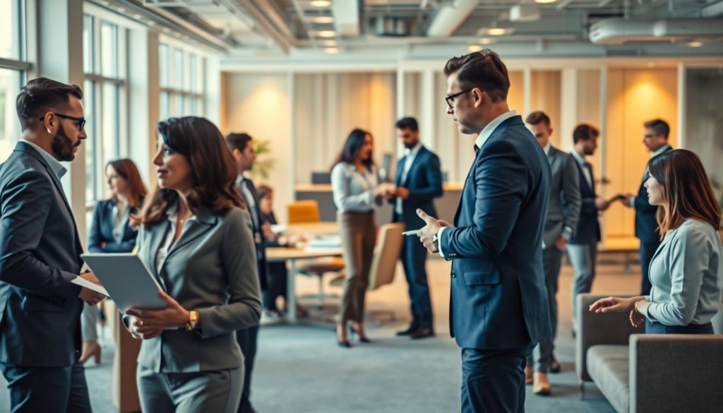 A vibrant scene of business activities related to "portage salarial" or professional employment by a company like Umalis Group. In the foreground, a group of diverse professionals in business attire engaged in discussions, meetings, and collaborative work. In the middle ground, administrative staff handling paperwork and managing workflows. In the background, a modern office environment with sleek furniture, large windows, and a warm, productive atmosphere. Soft, directional lighting creates depth and highlights the interactions, while a wide-angle lens captures the dynamic energy of the workspace. The overall mood conveys the efficiency and professionalism of the "portage salarial" services offered by Umalis Group.