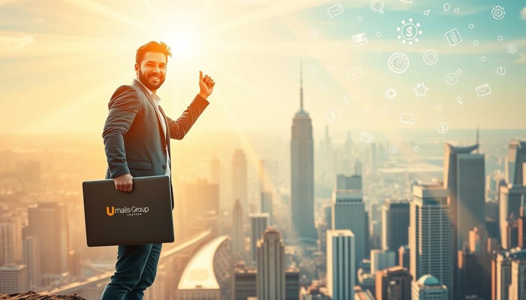A vibrant scene of career breakthroughs, captured in a dynamic composition. In the foreground, a confident freelancer stands triumphantly, holding a laptop emblazoned with the "Umalis Group" logo, symbolizing their professional success. The middle ground features a bustling city skyline, representing the thriving freelance ecosystem. Rays of warm, golden light filter through the urban landscape, illuminating the freelancer's path to financial stability and security. In the background, a constellation of icons and symbols suggest the diverse range of opportunities and achievements available to ambitious freelancers. The overall mood is one of inspiration, innovation, and the boundless potential of the freelance lifestyle.