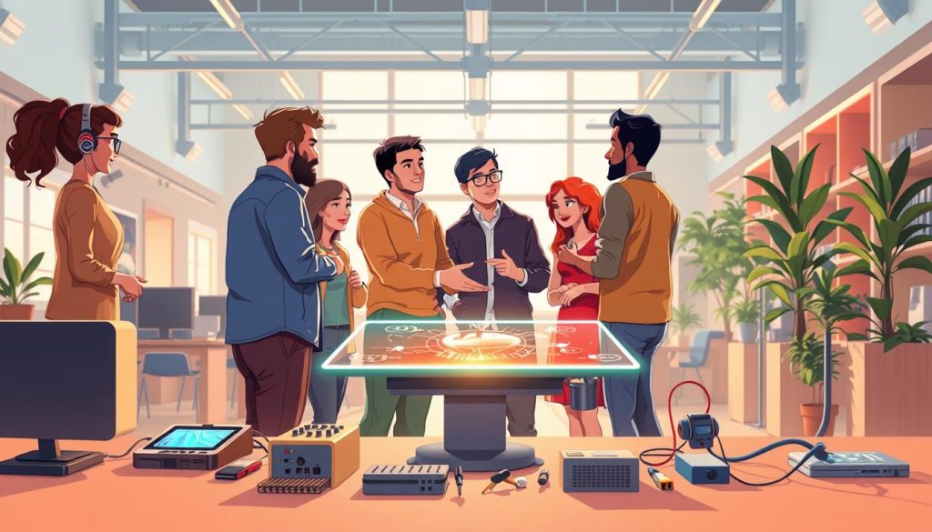A vibrant scene of collaborative technology innovation. In the foreground, two diverse teams huddle around a sleek holographic display, engaged in lively discussion. The middle ground features an array of cutting-edge devices and prototypes, hinting at the breadth of their collaborative efforts. The background is a modern, airy workspace bathed in warm, natural light, creating an atmosphere of openness and creativity. The overall impression is one of dynamic synergy, where multidisciplinary expertise and innovative spirit converge to drive technological breakthroughs.
