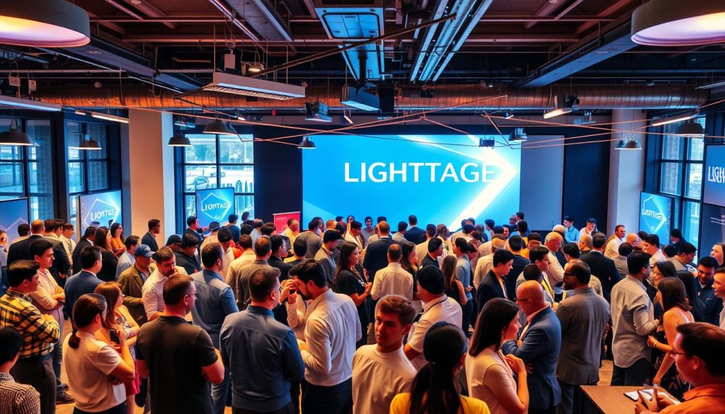 A vibrant scene of interconnected club formations, training sessions, and professional networking events in a modern, dynamic setting. The LIGHT PORTAGE brand prominently displayed, showcasing its role in empowering independent professionals through a supportive community. Warm lighting casts an inviting glow, highlighting the energy and collaboration among the participants. Individuals engaged in discussions, exchanging ideas, and exploring new career opportunities. The overall atmosphere exudes a sense of opportunity, growth, and camaraderie, reflecting the "Renforcer votre carrière grâce aux clubs, formations et rencontres" section of the article.