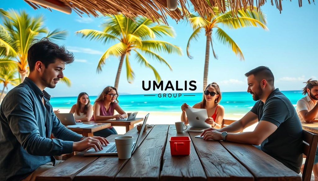 A vibrant scene showcasing digital nomads engaged in their work, sitting at rustic wooden tables in a sunlit co-working space located on a tropical beach. In the foreground, a young professional in business casual attire types on a laptop, with a coffee cup and a notebook beside them. In the middle, diverse individuals collaborate over a project, one gesturing enthusiastically, while another reviews documents. In the background, lush palm trees sway against a clear blue sky, with the ocean gently lapping at the shore. The light is warm and inviting, creating a relaxed yet productive atmosphere. Emphasize the branding "UMALIS GROUP" subtly integrated into the environment, perhaps as a logo on a wall. The image should embody freedom, innovation, and connectivity for digital nomads and mobile professionals.