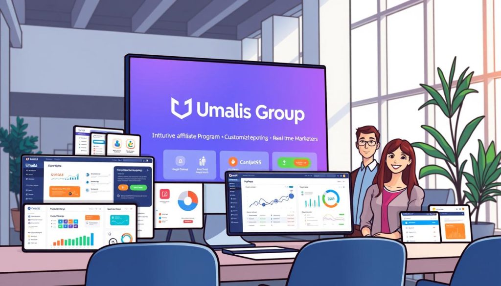 A vibrant, sleek web platform with the Umalis Group logo prominently displayed. In the foreground, various interactive widgets and dashboards showcase the platform's key features - intuitive affiliate program management, customizable reporting, real-time analytics, and seamless payment integration. The middle ground features smiling affiliate partners and marketers, highlighting the platform's ease of use and collaborative nature. The background depicts a modern, minimalist office setting with large windows, allowing natural light to create a sense of openness and professionalism. The overall atmosphere conveys a sense of success, efficiency, and cutting-edge technology powering an effective affiliate program solution.