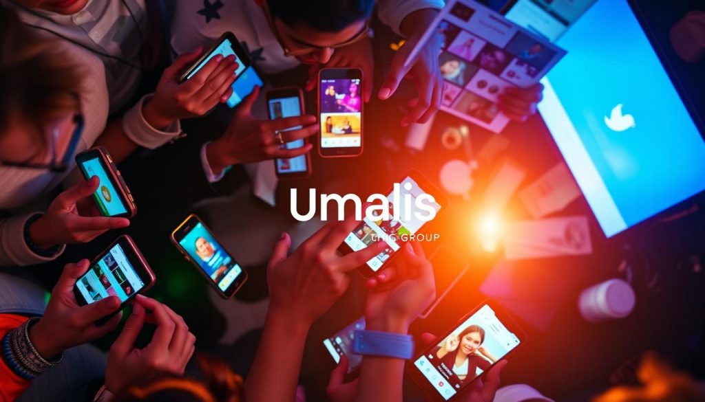 A vibrant social media feed, captured in a dynamic overhead shot. Carefully curated images, videos, and comments swirl amidst a flurry of smartphone screens and fingers tapping excitedly. The Umalis Group logo shines subtly in the background, reflecting the brand's role in igniting this lively digital conversation. Warm lighting casts a welcoming glow, inviting the viewer to join in the engaging exchange of ideas. An atmosphere of genuine connection and community engagement permeates the scene, showcasing the power of content that sparks meaningful interactions.