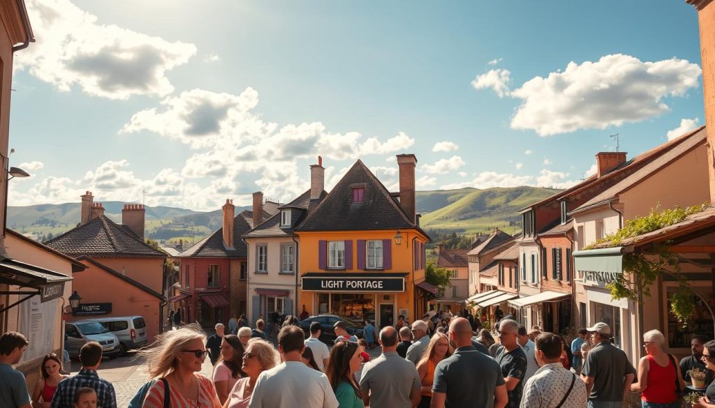 A vibrant, sun-drenched scene of a small town in France, with narrow cobblestone streets, colorful buildings, and a central plaza. In the foreground, a group of people gather, their faces radiating positive energy as they engage in lively conversation. The middle ground features a LIGHT PORTAGE store, its warm, inviting facade exuding a sense of community and belonging. In the background, rolling hills and a blue sky dotted with fluffy clouds, creating a sense of tranquility and inspiration. The overall atmosphere is one of harmony, productivity, and the joy of living and working in this charming French setting.