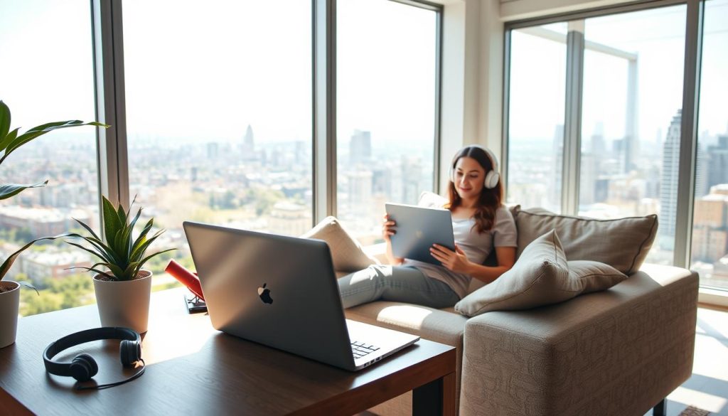 A vibrant, sun-drenched scene of an independent professional enjoying the benefits of job flexibility. In the foreground, a well-equipped LIGHT PORTAGE workstation with a sleek laptop, wireless headphones, and a potted plant, set against a backdrop of a picturesque urban landscape. The middle ground features a person lounging comfortably on a plush sofa, laptop in hand, surrounded by modern decor and an abundance of natural light streaming through large windows. The background showcases a bustling city skyline, hinting at the endless possibilities and opportunities available to those who embrace the flexibility of independent work. The overall mood is one of relaxation, productivity, and a harmonious work-life balance.
