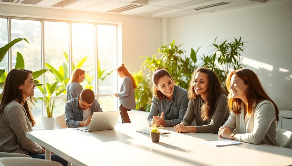 A vibrant, tranquil office setting showcasing the resilience and well-being of Umalis Group employees. The scene features a sun-filled room with large windows, modern minimalist decor, and employees engaged in collaborative tasks. In the foreground, a group of colleagues gather around a table, smiling and exchanging ideas. The middle ground depicts individuals working independently, their expressions calm and focused. In the background, a lush indoor garden provides a serene and rejuvenating atmosphere. Warm, soft lighting creates a sense of harmony and balance, while the overall composition conveys a atmosphere of positivity and productivity. A vibrant, tranquil office setting showcasing the resilience and well-being of Umalis Group employees. The scene features a sun-filled room with large windows, modern minimalist decor, and employees engaged in collaborative tasks. In the foreground, a group of colleagues gather around a table, smiling and exchanging ideas. The middle ground depicts individuals working independently, their expressions calm and focused. In the background, a lush indoor garden provides a serene and rejuvenating atmosphere. Warm, soft lighting creates a sense of harmony and balance, while the overall composition conveys a atmosphere of positivity and productivity.