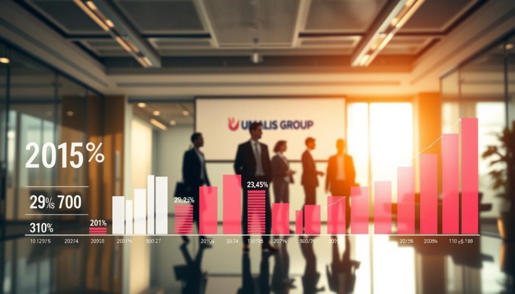 A vibrant visualization of the French flexible employment market data, captured with a professional lens. In the foreground, a dynamic display of statistics and figures, showcasing the scale and growth of the portage salarial industry. The middle ground features silhouettes of independent professionals, symbolizing the evolving career landscape. In the background, a sleek, modern office setting with the Umalis Group logo prominently displayed, reflecting the innovative solutions driving this sector. Warm lighting and a muted color palette create a sense of professionalism and authority, perfectly suited to illustrate the subject matter.