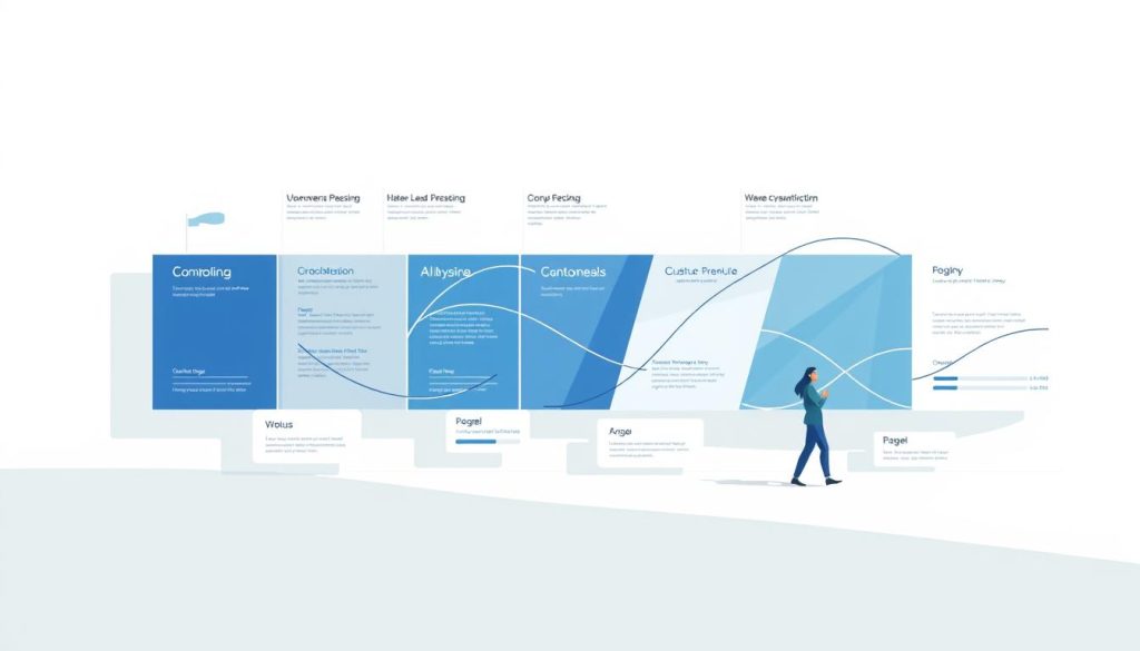 A vibrant, visually striking customer journey map visualization depicting the key components in an abstract, minimalist style. The scene showcases a clean, balanced layout with distinct sections representing the stages of the customer journey, accentuated by dynamic shapes, lines, and geometric patterns in a muted color palette of blues, grays, and whites. The overall composition exudes a sense of clarity and thoughtfulness, reflecting the Umalis Group's expertise in crafting insightful customer journey maps. Subtle lighting and a soft, diffused backdrop create a professional, polished aesthetic suitable for inclusion in the "Effective Customer Journey Mapping for Better Customer Insights" article.
