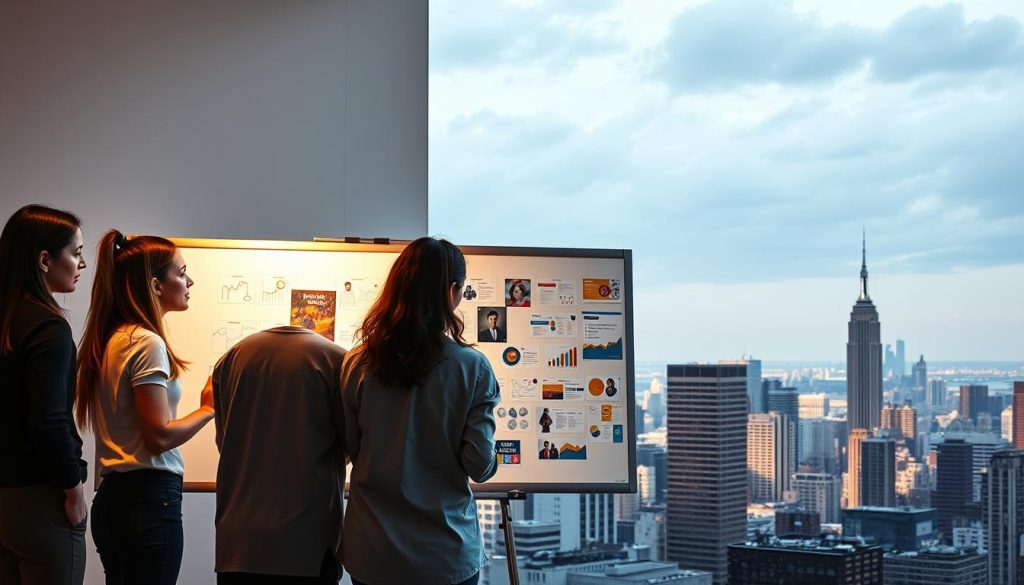 A vibrant, visually striking image of a solid marketing strategy for the Umalis Group. In the foreground, a team of talented marketers collaborate, huddled around a sleek, minimalist whiteboard filled with colorful diagrams and detailed plans. Soft, directional lighting casts a warm, focused glow, drawing the eye to their earnest expressions and confident body language. The middle ground features an array of carefully curated marketing assets - digital campaigns, social media graphics, print collateral - all unified by a cohesive, impactful brand identity. In the background, a cityscape of towering skyscrapers symbolizes the grand scale and high-stakes nature of modern marketing. The overall atmosphere conveys a sense of strategic focus, creative energy, and a determination to achieve marketing excellence for the Umalis Group.