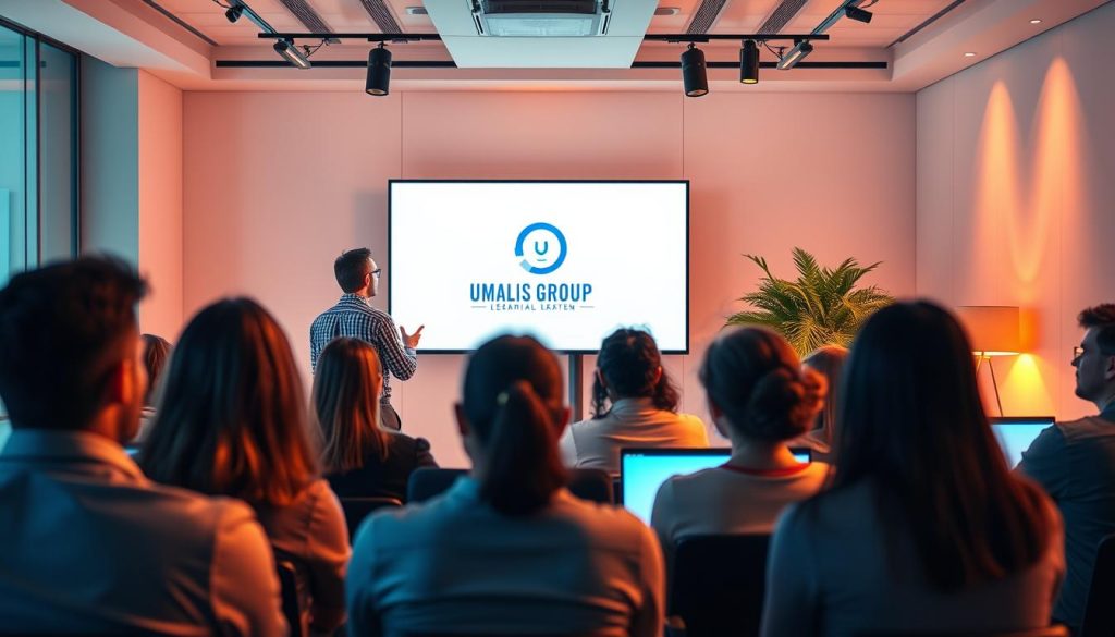 A vibrant webinar scene, bathed in warm lighting and modern aesthetics. In the foreground, a presenter stands before a sleek, minimalist display, captivating their audience with engaging content. Surrounding them, a diverse group of learners, their faces illuminated by the glow of their screens, intently focused on the webinar. In the background, the Umalis Group logo subtly adorns the environment, highlighting the brand's commitment to professional development. The scene exudes a sense of collaborative learning, with a polished, inviting atmosphere that inspires growth and knowledge-sharing.