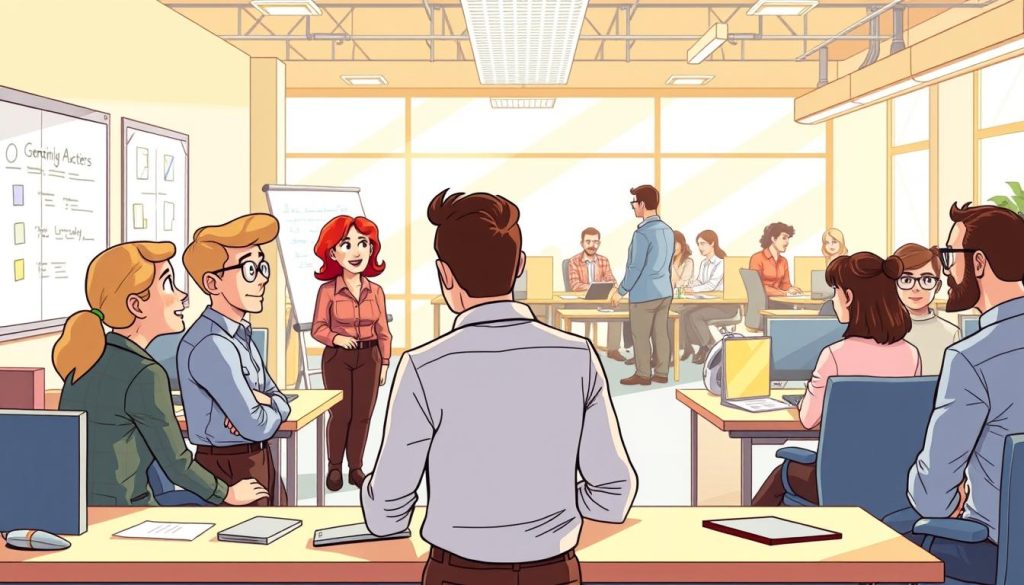 A vibrant, well-lit office interior, with desk setups, whiteboards, and collaborative workspaces. In the foreground, three colleagues engaged in a lively discussion, their body language and facial expressions conveying different perspectives. In the middle ground, a manager mediating a meeting, surrounded by attentive team members. In the background, a diverse team working together at their desks, with a sense of camaraderie and productivity. The lighting is warm and natural, creating a positive, energetic atmosphere that reflects the factors influencing workplace dynamics, such as communication, leadership, and team collaboration.