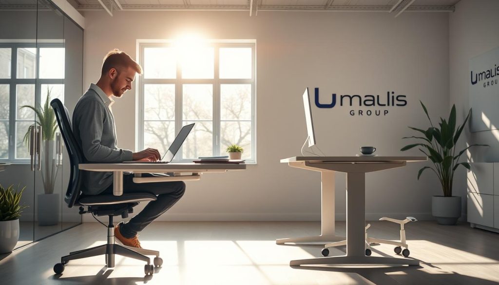 A vibrant, well-lit office setting with a modern, minimalist aesthetic. In the foreground, a person working intently on a laptop, their posture relaxed and comfortable. The middle ground features a sleek, height-adjustable desk and an ergonomic chair, allowing for easy adjustments to achieve the perfect working position. In the background, large windows let in natural light, creating a sense of openness and flexibility. The walls display the "Umalis Group" brand, conveying a professional yet innovative work environment. The overall mood is one of productivity, balance, and a progressive approach to work-life harmony.