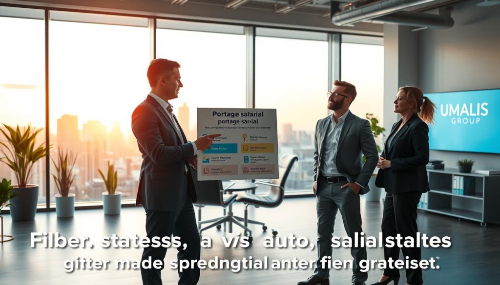 A visual representation comparing the benefits of "portage salarial" and alternative statuses, set in a modern, professional office environment. In the foreground, depict two smartly dressed individuals engaged in a discussion, one pointing at a chart highlighting advantages such as flexibility and security, symbolizing "portage salarial," while the other, in a more casual business attire, represents "auto entrepreneur." In the middle ground, a large window showcases a vibrant cityscape, bathed in warm, natural light that evokes a sense of optimism. The background features contemporary office elements like a sleek desk, potted plants, and a digital screen displaying the brand name "UMALIS GROUP." The overall mood should convey professionalism and a sense of collaboration, illuminated with soft, balanced lighting that highlights the engaging conversation.