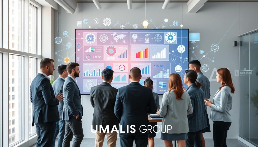 A visual representation of "Artificial Intelligence Missions Across Sectors and Teams," featuring a vibrant, modern office environment as the foreground. In this scene, diverse professionals in business attire engage around a large interactive digital screen displaying charts and graphs related to AI applications in various industries. The middle ground shows various team members collaborating, highlighting teamwork and innovation, with visuals like gears, light bulbs, and network connections symbolizing intelligence. The background includes elements representing different sectors such as finance, healthcare, and engineering, seamlessly intertwined with digital motifs. The lighting is bright and welcoming, giving a sense of inspiration and creativity. The overall mood is optimistic and forward-thinking, emphasizing collaboration and the integration of AI into business strategy. Include the brand name "UMALIS GROUP" subtly in the design without any direct captions or text overlays.