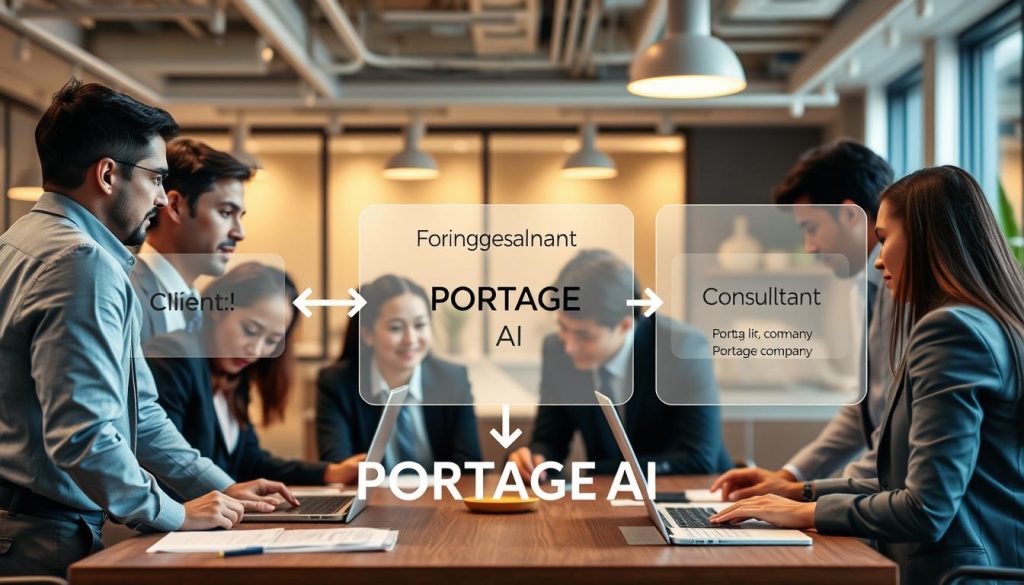 A visual representation of "Fonctionnement du portage salarial". In the foreground, depict a diverse group of professional individuals in business attire, engaged in discussion around a table, with laptops and documents visible. In the middle ground, illustrate a transparent flowchart highlighting the key components of portage salarial such as "Client", "Consultant", and "Portage Company", with arrows connecting each element to show the process. In the background, create an office environment with modern decor, emphasizing a collaborative and productive atmosphere. Use warm, inviting lighting to enhance the professional mood. The scene is captured from a slight bird's-eye perspective, conveying clarity and organization in the workflow. Incorporate the brand name "PORTAGE AI" subtly into the office setting, ensuring it blends harmoniously with the overall composition.