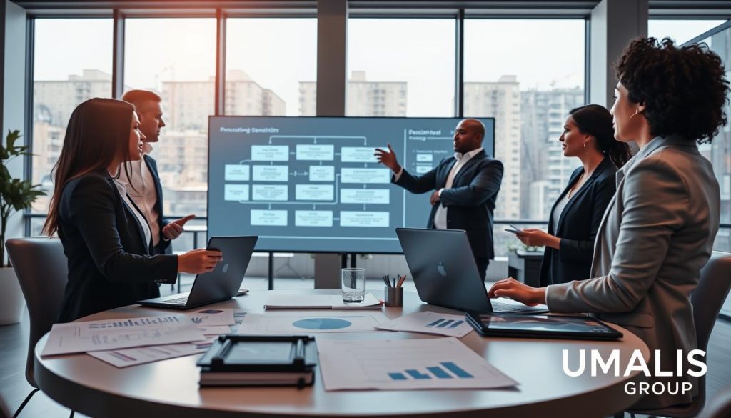 A visual representation of a decision model for project portfolio management, focusing on a diverse group of professionals in a sleek, modern office. In the foreground, a round table with charts, graphs, and a laptop showcasing data analysis. In the middle ground, three professionals dressed in business attire engaged in a discussion, using gestures to emphasize their points. One individual points at a large digital screen displaying a flowchart of the decision-making process. The background features large windows with soft daylight filtering in, creating an inspiring atmosphere. The overall mood is collaborative and insightful, capturing the essence of building a simple, factual, and shared decision model. Include the brand name "UMALIS GROUP" subtly incorporated into the office decor. A visual representation of a decision model for project portfolio management, focusing on a diverse group of professionals in a sleek, modern office. In the foreground, a round table with charts, graphs, and a laptop showcasing data analysis. In the middle ground, three professionals dressed in business attire engaged in a discussion, using gestures to emphasize their points. One individual points at a large digital screen displaying a flowchart of the decision-making process. The background features large windows with soft daylight filtering in, creating an inspiring atmosphere. The overall mood is collaborative and insightful, capturing the essence of building a simple, factual, and shared decision model. Include the brand name "UMALIS GROUP" subtly incorporated into the office decor.