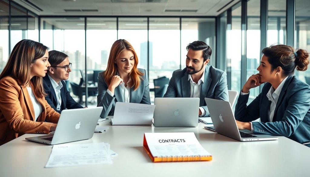 A visual representation of "contrats portage salarial" featuring an office scene where professional individuals are engaged in discussion around a large conference table. In the foreground, a diverse group of three professionals, dressed in business attire, examine a contract with thoughtful expressions. In the middle, documents and laptops are scattered across the table, alongside a notepad detailing types of contracts. The background shows a well-lit modern office with glass walls and city views, conveying a sense of collaboration and professionalism. The overall mood is focused and productive, with soft, natural lighting that highlights the engaged expressions of the individuals. Include the logo of Umalis Group subtly on a document within the scene. A visual representation of "contrats portage salarial" featuring an office scene where professional individuals are engaged in discussion around a large conference table. In the foreground, a diverse group of three professionals, dressed in business attire, examine a contract with thoughtful expressions. In the middle, documents and laptops are scattered across the table, alongside a notepad detailing types of contracts. The background shows a well-lit modern office with glass walls and city views, conveying a sense of collaboration and professionalism. The overall mood is focused and productive, with soft, natural lighting that highlights the engaged expressions of the individuals. Include the logo of Umalis Group subtly on a document within the scene.