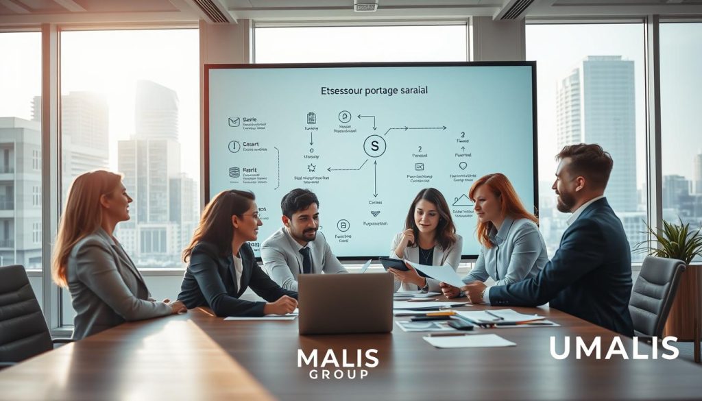 A visual representation of "étapes démarrage portage salarial," featuring a professional, modern office setting. In the foreground, a diverse group of business individuals in professional attire is engaged in a discussion around a large table, reviewing documents related to portage salarial. The middle ground showcases a digital flowchart on a wall, illustrating the steps to start portage salarial, with arrows and icons for clarity. The background reveals city views through large windows, filled with natural light pouring in, creating a bright and optimistic atmosphere. Use a wide-angle lens to capture depth and focus on the engaged expressions of the participants. The branding "UMALIS GROUP" is subtly integrated into the office decor. The overall mood is collaborative, forward-thinking, and professional.