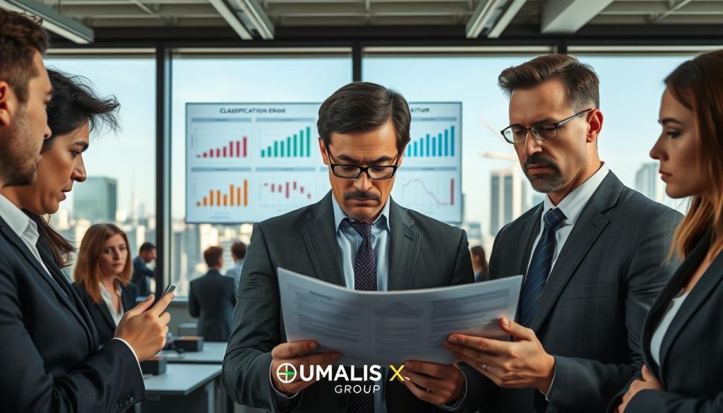 A visual representation of "risques mauvaise classification" in a professional setting. In the foreground, a diverse group of professionals in business attire attentively reviewing documents that highlight classification errors, with furrowed brows and concerned expressions. The middle layer showcases a modern office space filled with charts and graphs on a digital screen, illustrating potential consequences of misclassification. In the background, large windows reveal a bustling cityscape, indicating an active and competitive business environment. Natural light streams in, casting soft shadows that enhance the seriousness of the scene. Capture a sense of urgency and focus, emphasizing the importance of accurate classification in careers. The brand "UMALIS GROUP" subtly integrated into the workspace decor.