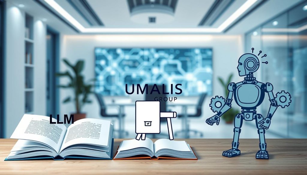A visual representation that illustrates the differences between LLM (Large Language Models), generative models, and agents in a professional setting for consultants. In the foreground, depict three distinct icons symbolizing each concept: an open book for LLMs, an artistic brush and canvas for generative models, and a robotic figure with gears for agents. The middle layer should feature a sleek, modern office with a desk, a laptop, and a digital screen displaying abstract data flows. In the background, soft blue and white lighting create a serene and focused atmosphere, suggesting innovation and collaboration. Include the brand name “UMALIS GROUP” subtly integrated into the office design, ensuring a polished and professional look. The overall mood should be one of clarity and professionalism, reinforcing the theme of understanding AI solutions.